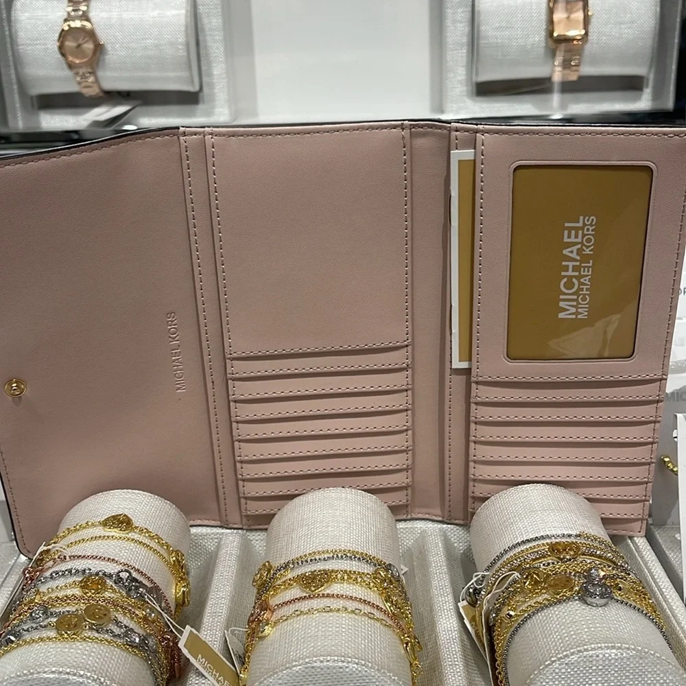 Michael Kors Jet Set Large Logo Trifold Wallet Powder Blush Multi NWT
